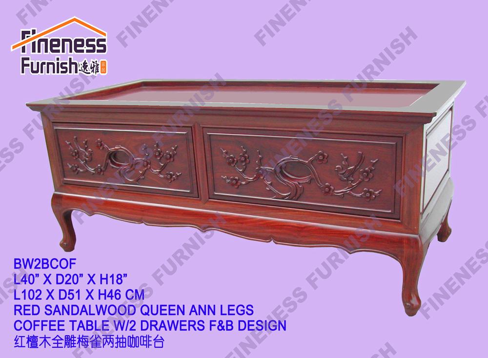 Red Sandalwood Queen Ann Legs Coffee Table W/2 Drawers Bird Design
