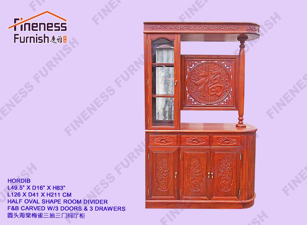 Half Oval Shape Room Divider F&B Carved W/3 Doors & 3 Drawers