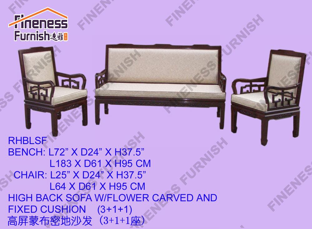 High Back 3 Seaters Sofa W/Flower Carved And Fixed Cushion