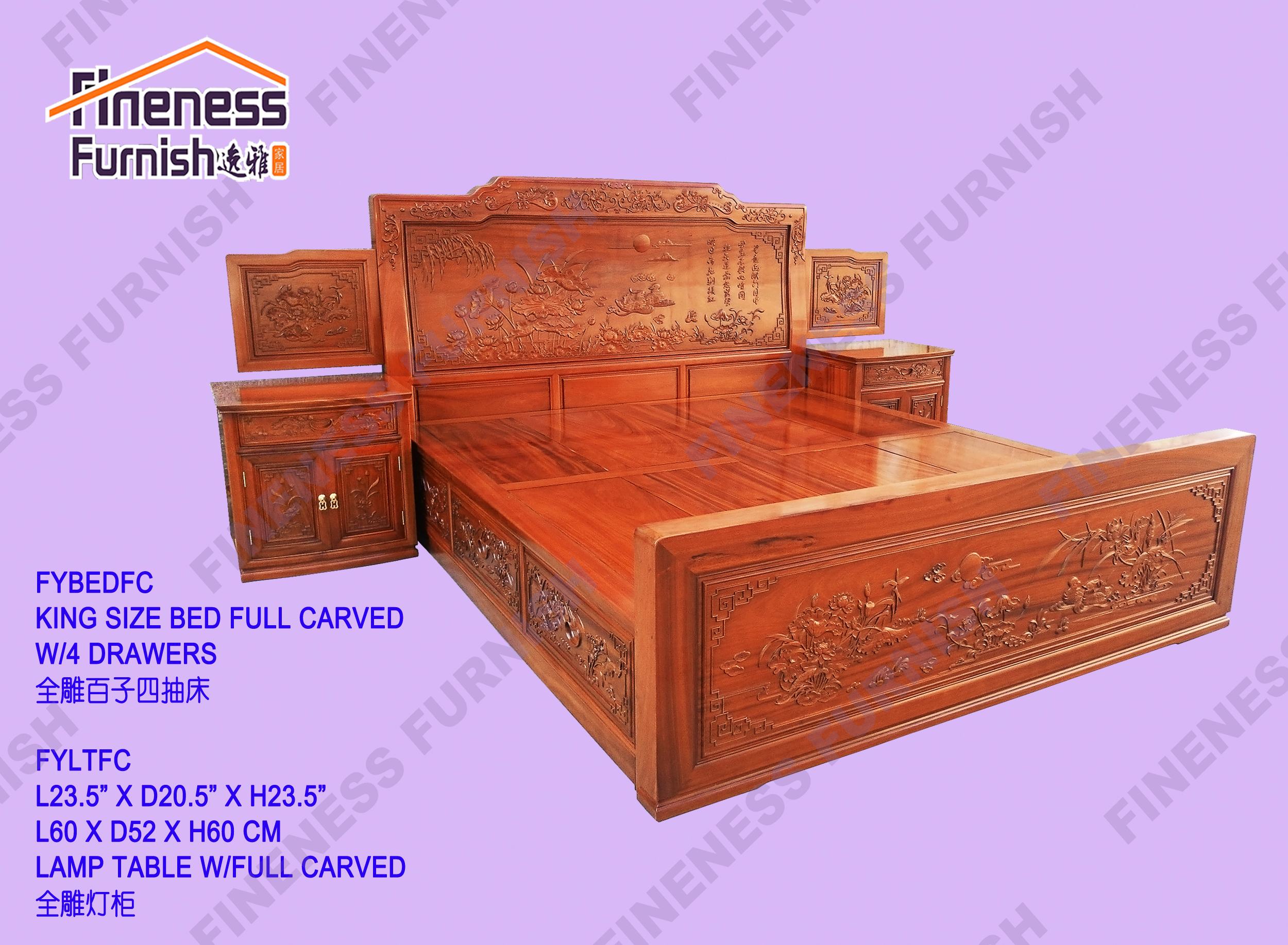 King Size Bed Full Carved W/4 Drawers & Lamp Table