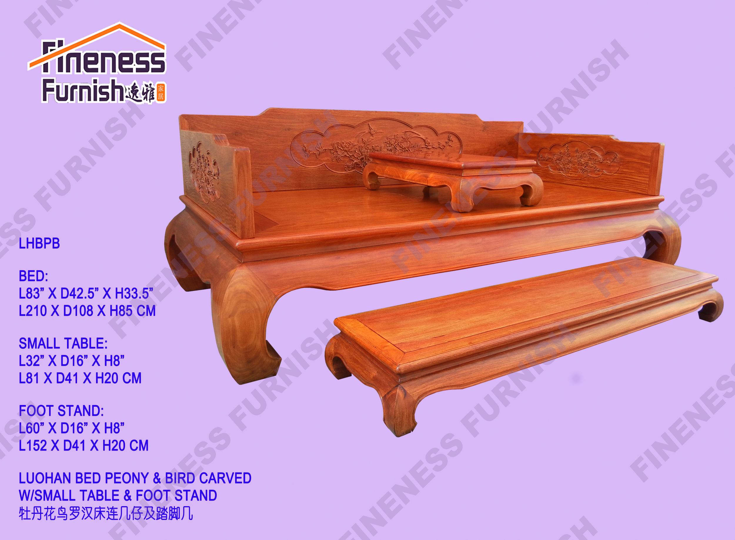 Luohon Bed Peony & Bird Carved W/Small Table & Foot Stand 