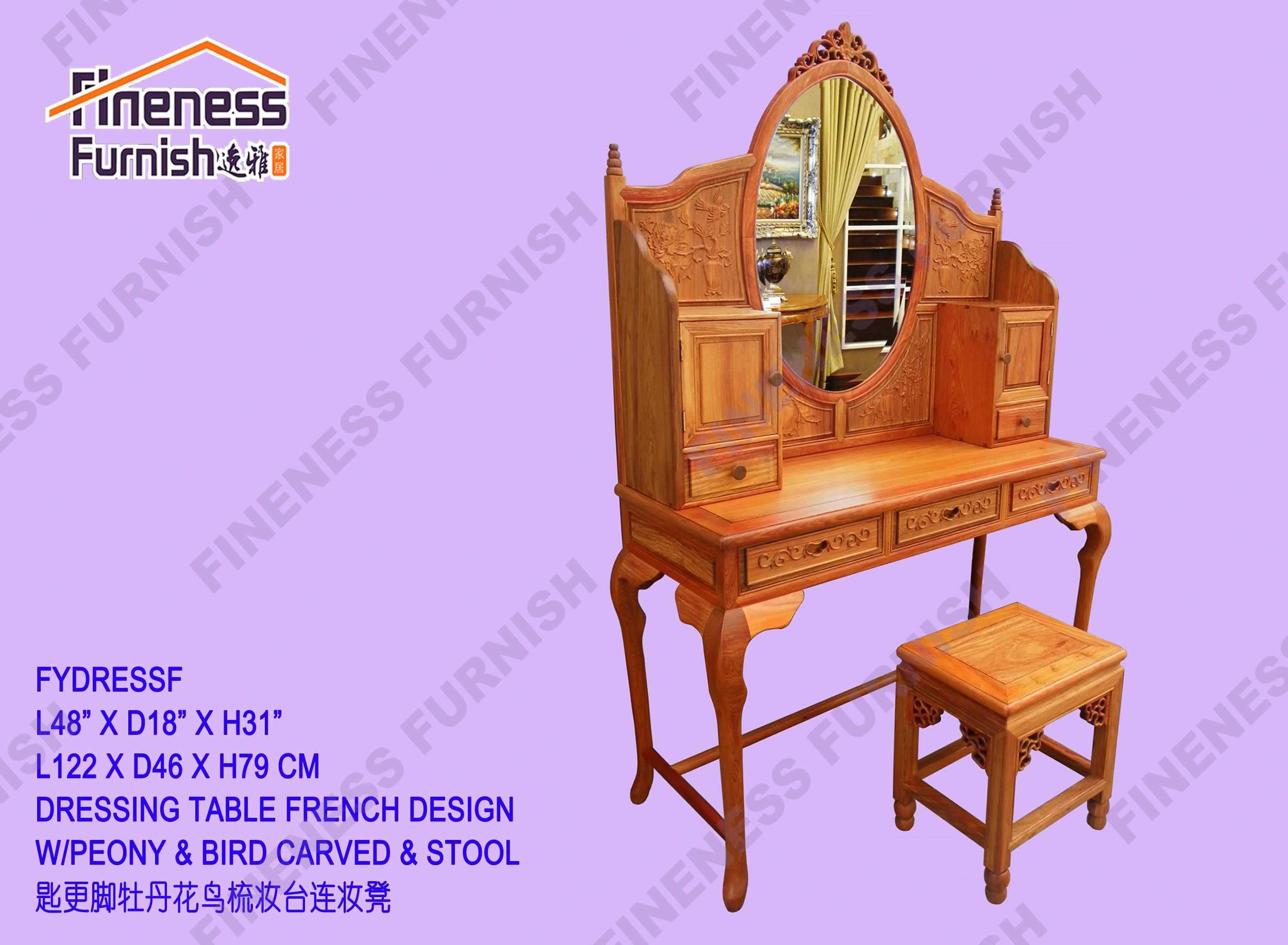 Dressing Table French Design W/Peony & Bird Carved & Stoo
