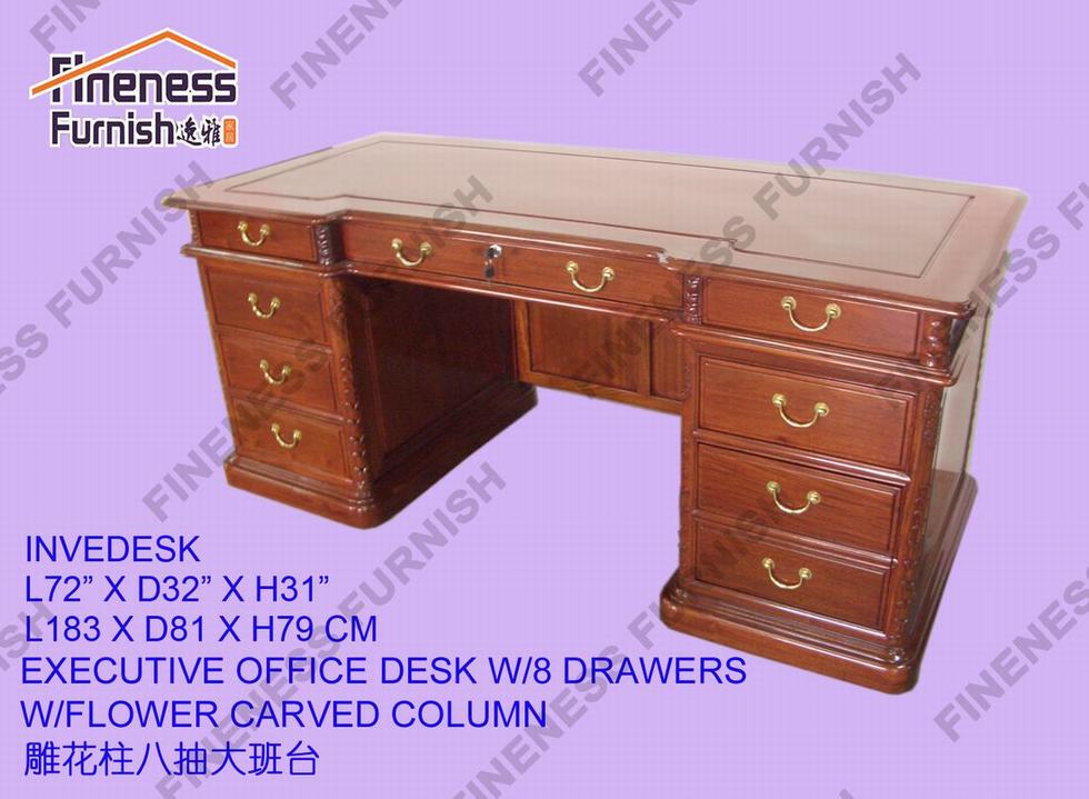 Executive Office Desk W/8 Drawers W/Flower Carved Column